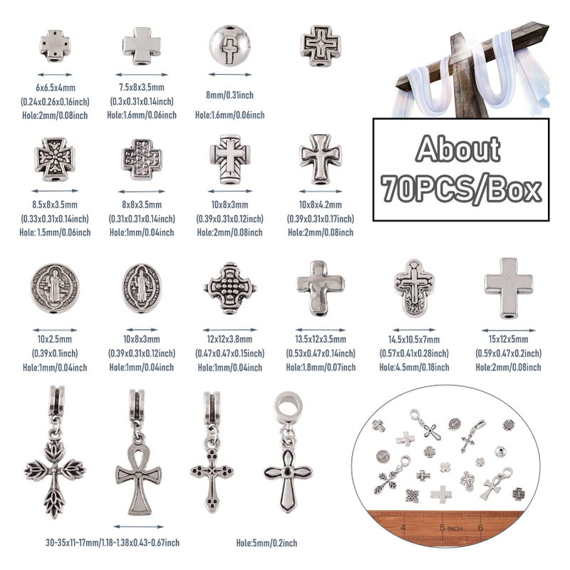 Craftdady 70pcs Tibetan Silver Crucifix Cross Beads Metal Cross Spacer Charms for Jewelry Crafts Making Hole: 1-2mm - Image 3